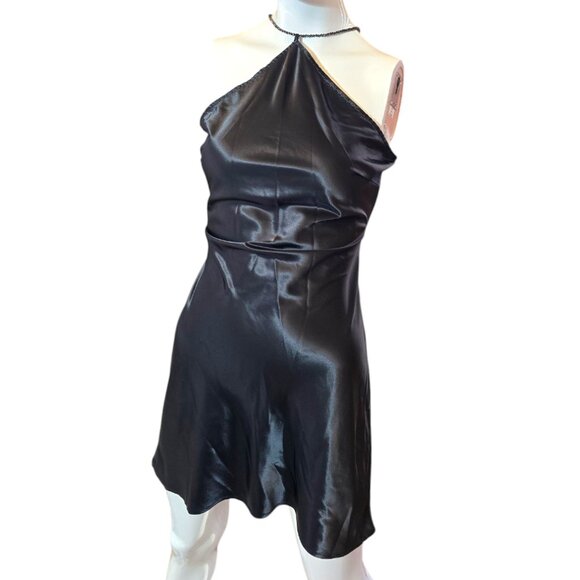 Black Satin Halter Mini Slip Dress with Beaded Strap sz M - Picture 1 of 7